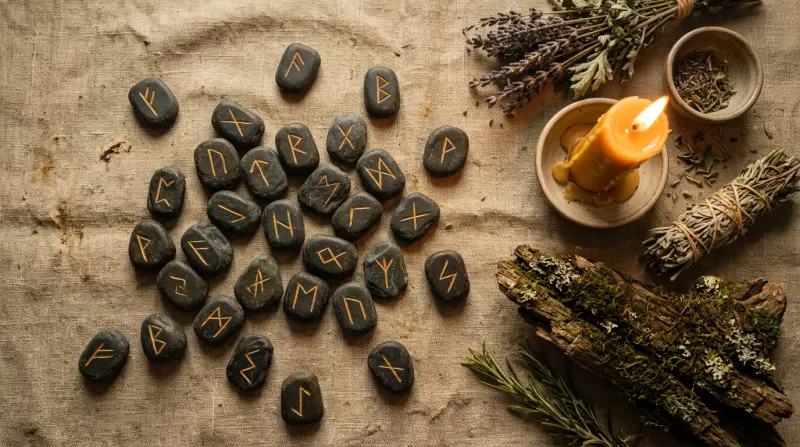 Толкование рун — рунические камни с символами Старшего Футарка на льняной ткани рядом со свечой