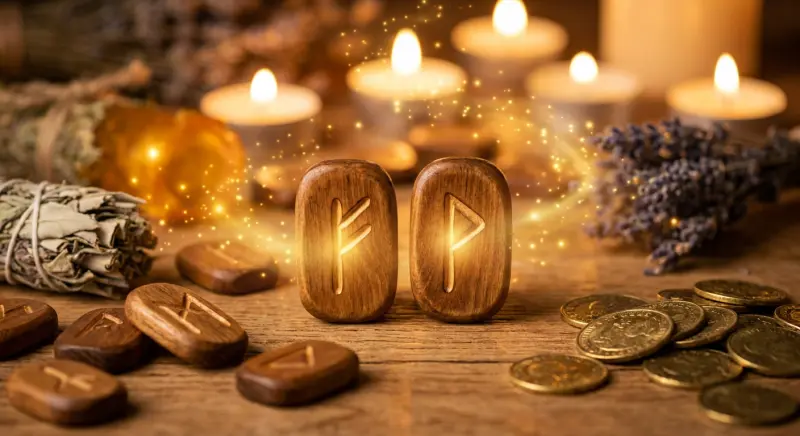 Руны удачи — руна Феху и Вуньо на деревянном амулете для привлечения удачи и богатства